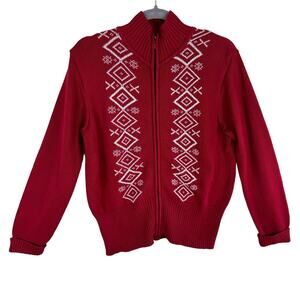 Nine & Company 100% Cotton Red White Full Zip Mock Neck Sweater Size M